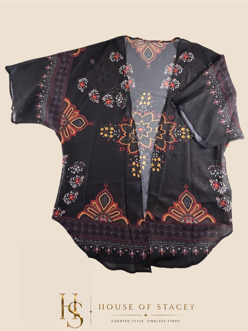 Boho Sheer Kimono Cardigan | Floral Medallion Duster Cover Up | Size M